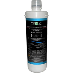 A white plastic water filter cartridge with a clear cap and a black label featuring blue bands and the Filtre Logic brand name, shown against a solid black background.