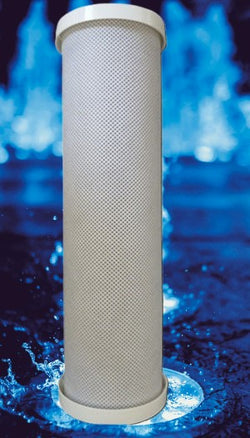 Water filter cartridge with water droplets and blue background